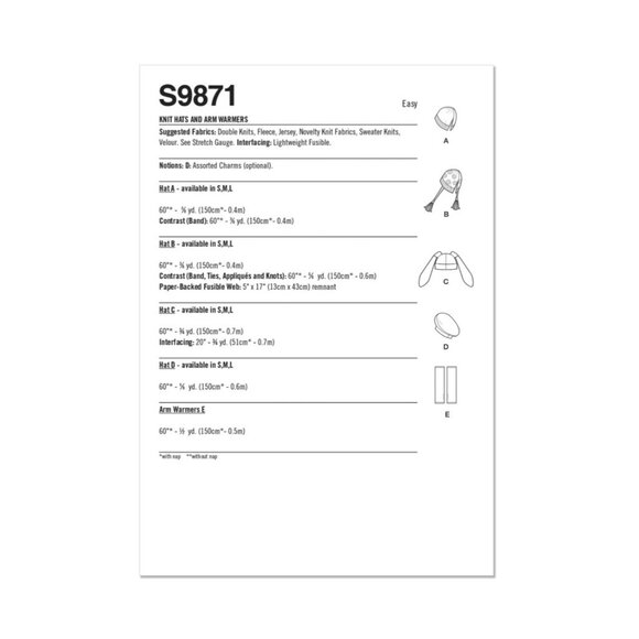 Simplicity Pattern 9871 Knit Hats Beanie Beret Bunny Ears Arm Warmers Sizes S-L - Picture 6 of 7